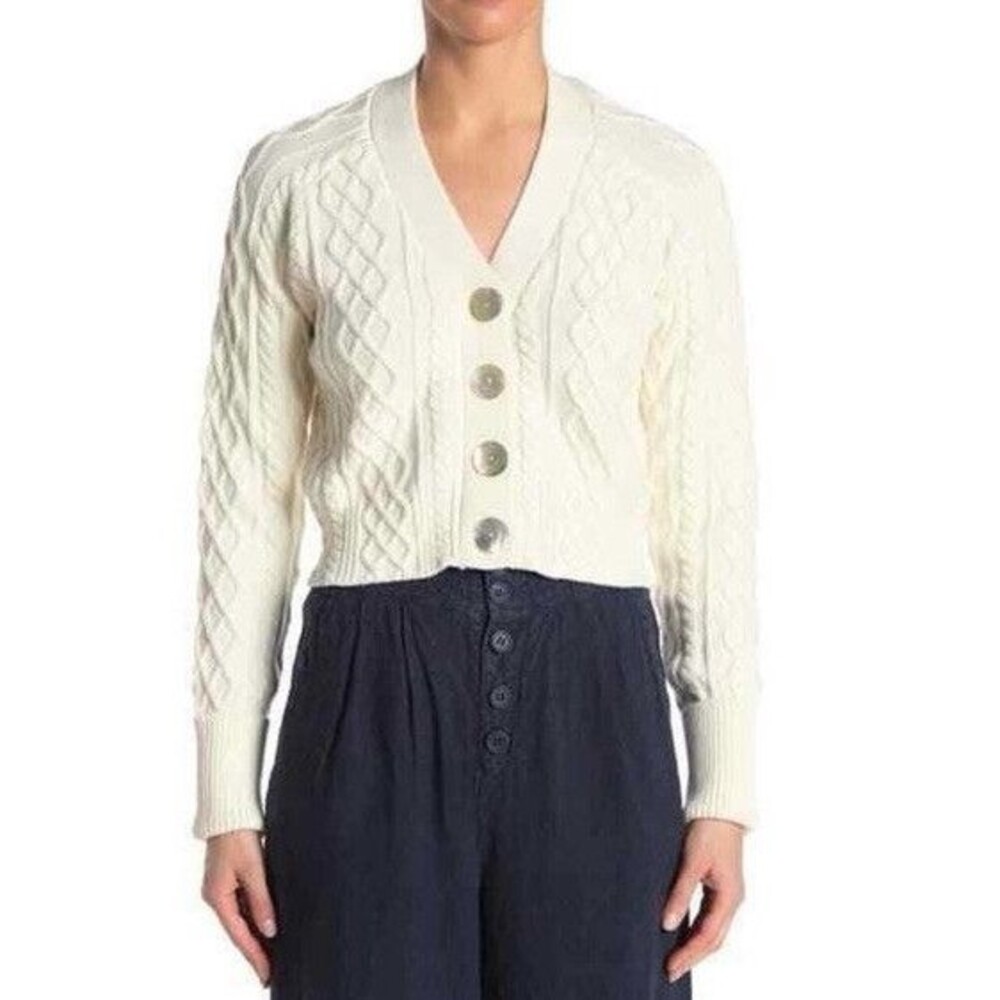 Faherty Cream Cable-Knit V-Neck Cardigan